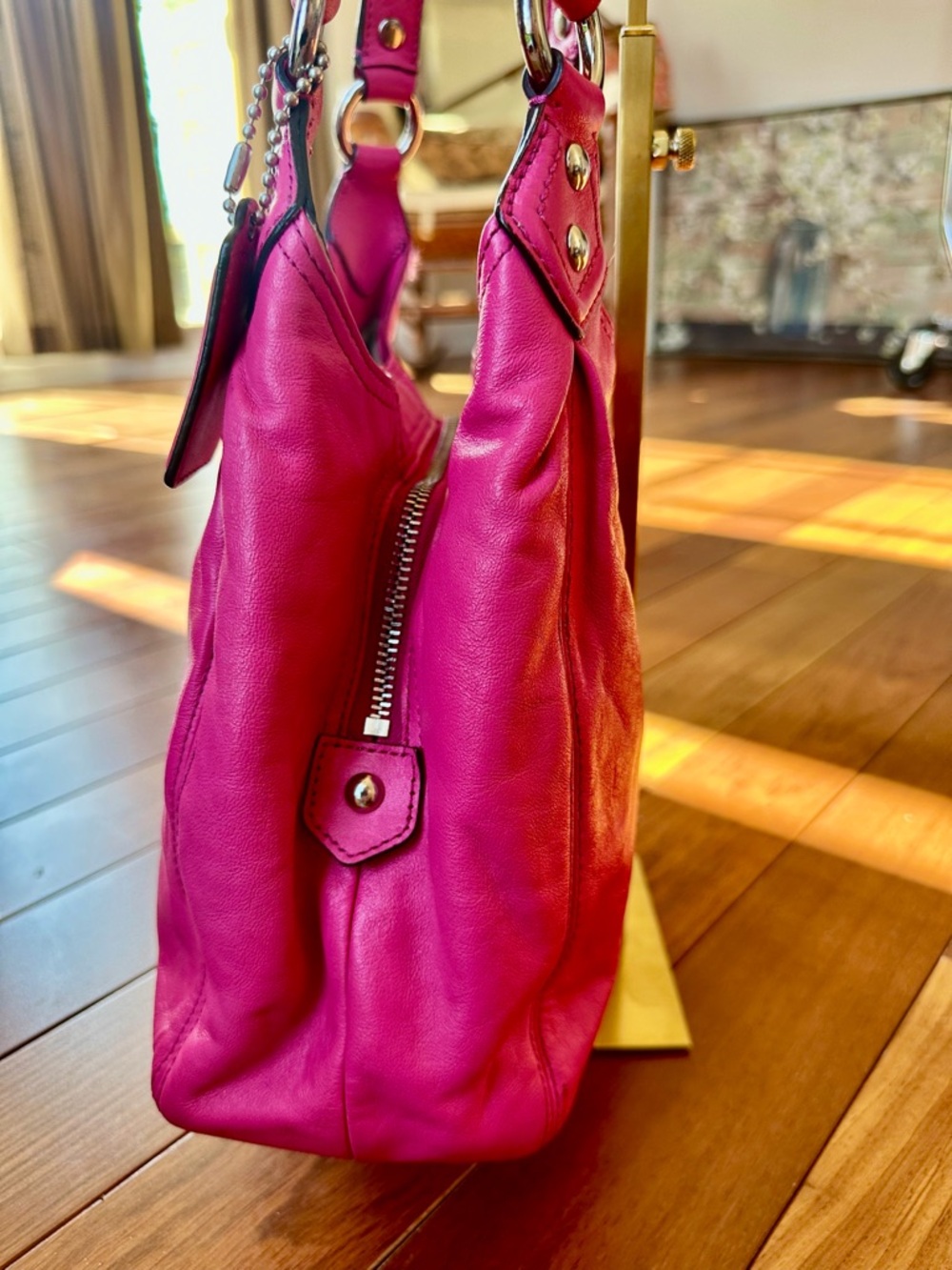 Coach Ashley Leather Hobo Shoulder Bag in Fuchsia with Tan Satin Interior - Picture 5 of 14